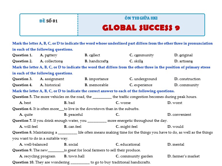 Bộ 5 đề thi giữa học kì 1 Tiếng anh 9 Global success - Form 2026 - có key
